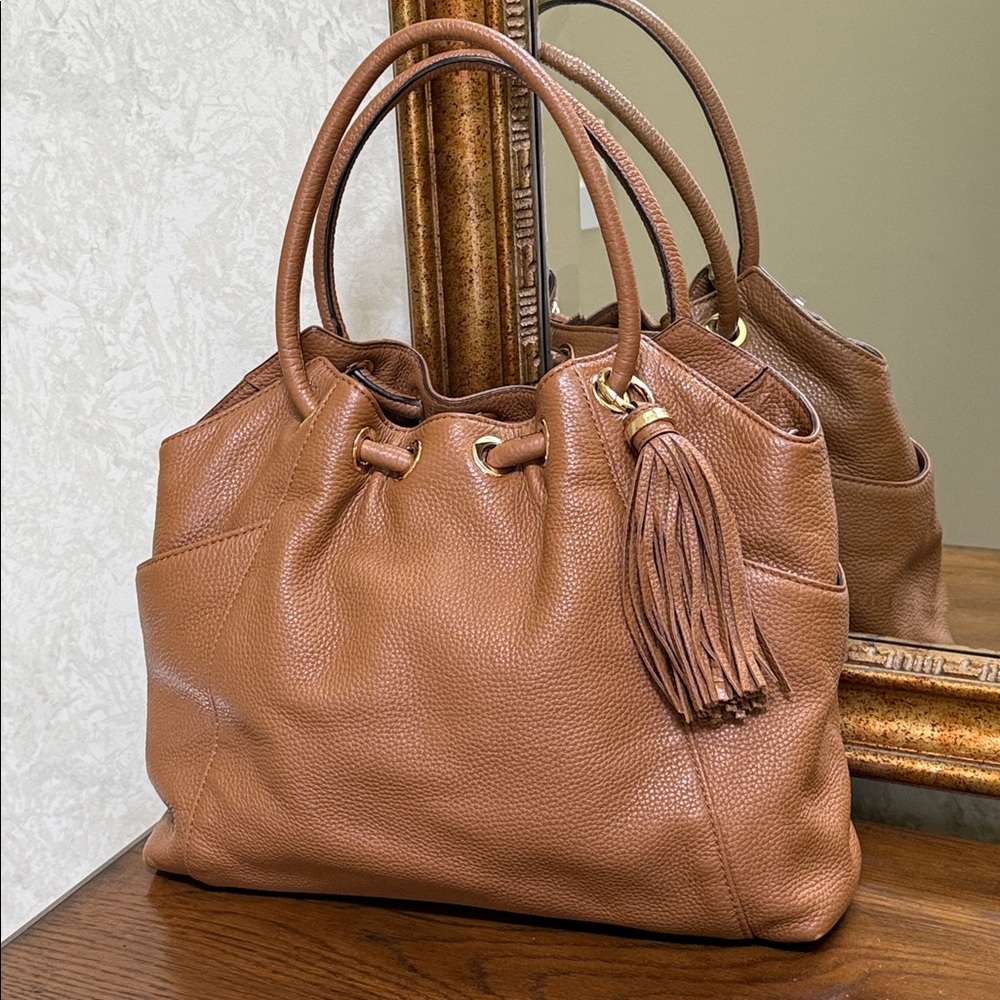 Classic Michael Kors Brown Pebbled Leather drawstring Tote Bag with logo Tassel.